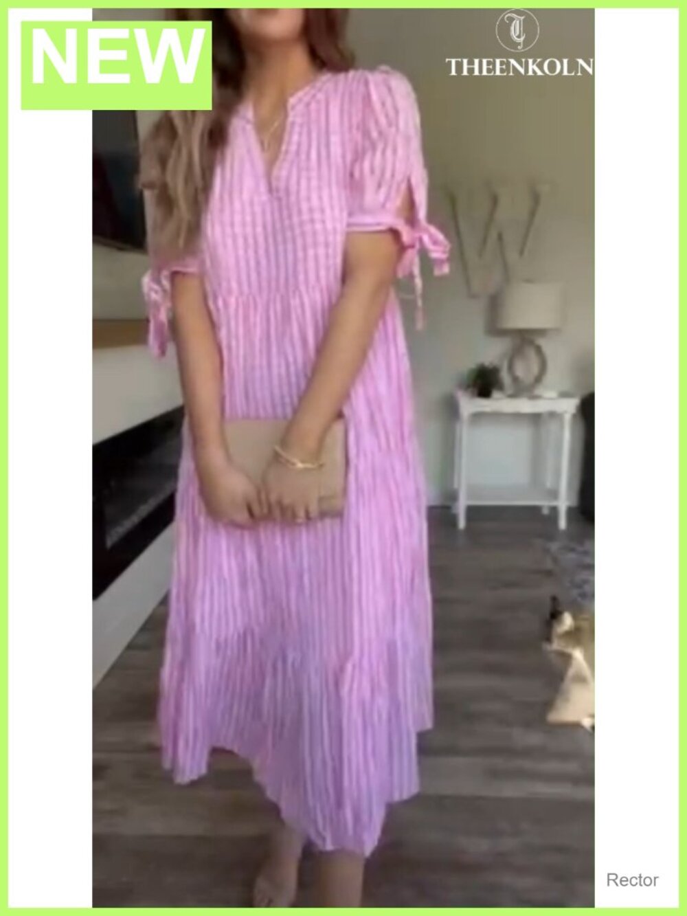 Polyester Midi Dress V-Neck Puff Sleeve Tiered Gingham Spring Summer - Picture 6 of 6